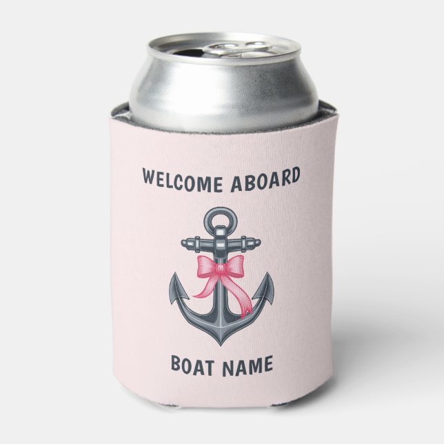 Pink Bow Anchor Welcome Aboard Boat Name Coquette Can Cooler (Can Front)