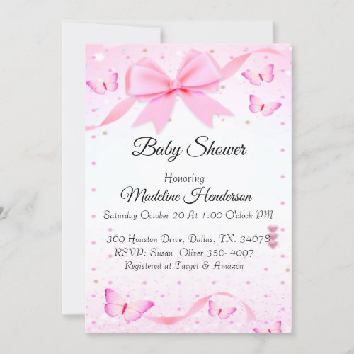 Pink Bow And Butterfies Girl Baby Shower  Invitation