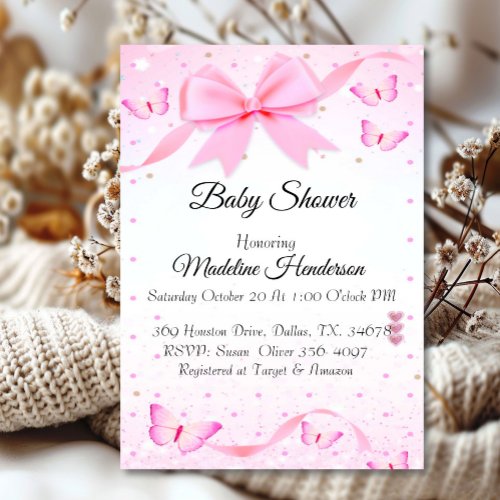 Pink Bow And Butterfies Girl Baby Shower  Invitation