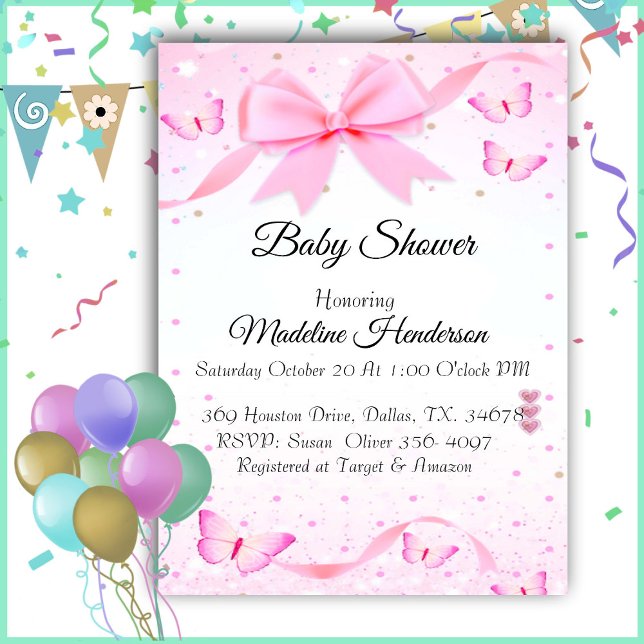 Pink Bow And Butterfies Girl Baby Shower  Invitation (Creator Uploaded)