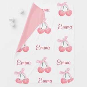 Pink Bow and Cherry Personalized Custom Girl Name Baby Blanket