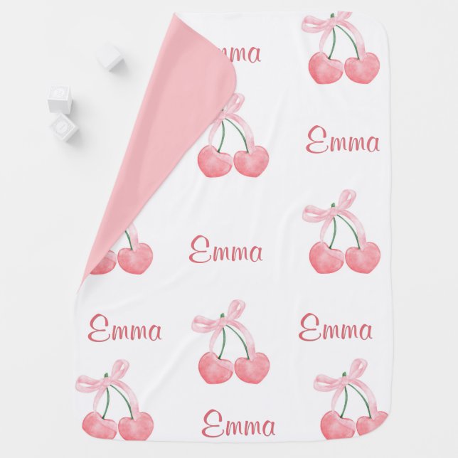 Pink Bow and Cherry Personalized Custom Girl Name Baby Blanket (In Situ)