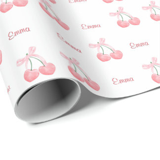 Pink Bow and Cherry Personalized Custom Girl Name Wrapping Paper