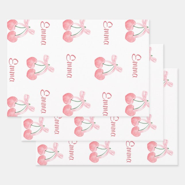 Pink Bow and Cherry Personalized Custom Girl Name Wrapping Paper Sheets (Set)