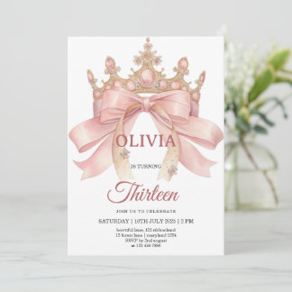 pink bow and crown birthday party  invitation