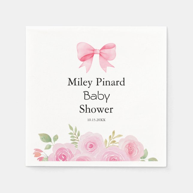 Pink Bow and Floral Baby Shower Napkins (Front)
