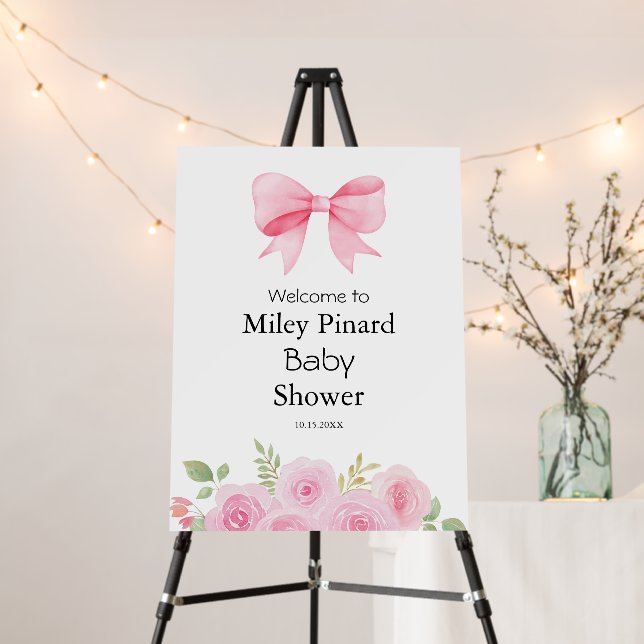 Pink Bow and Floral Baby Shower Welcome Sign (In Situ (Stand))