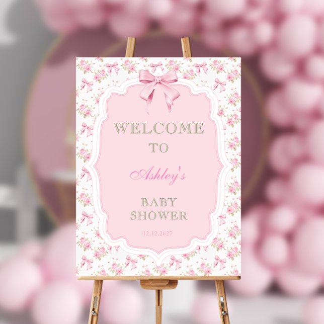 Pink Bow and Floral Girl Baby Shower Welcome Foam Board (Creator Uploaded)