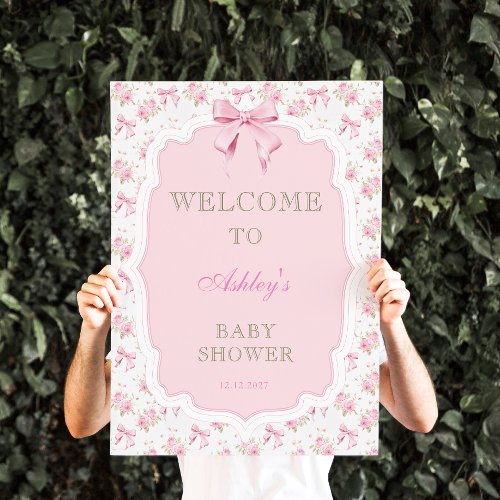 Pink Bow and Floral Girl Baby Shower Welcome Poster