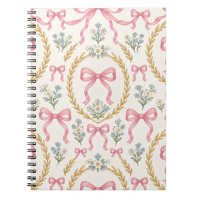 Pink Bow and Floral Wreath Wedding Pattern  Notebook (Front)