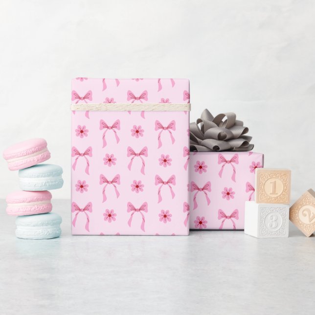 Pink Bow and Flower Pattern Wrapping Paper Roll (Baby Shower)