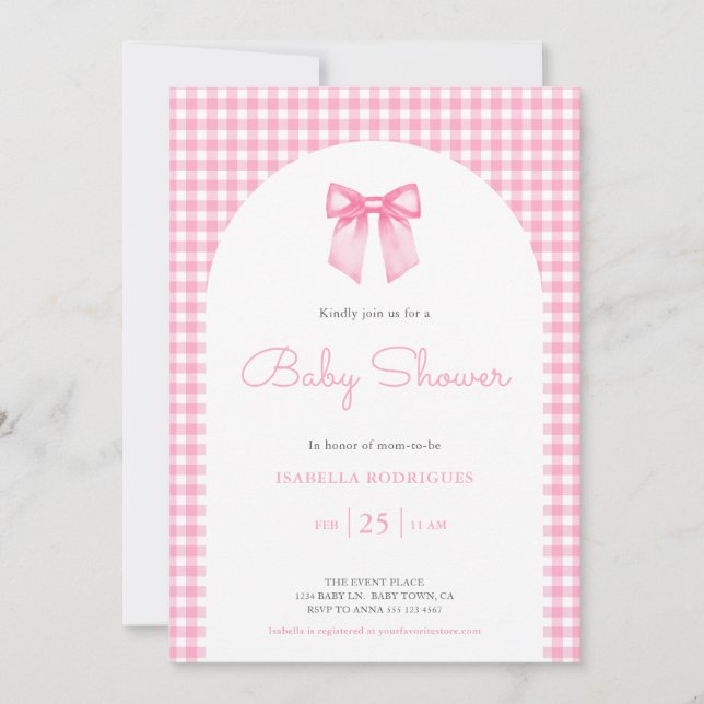 Pink Bow and Gingham Baby Shower Invitation (Front)