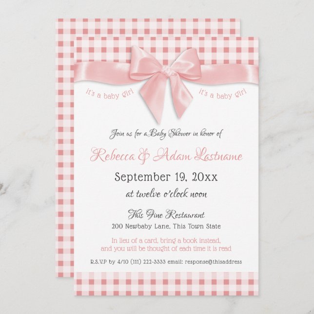 Pink Bow and Gingham Check Baby Shower Invitation (Front/Back)