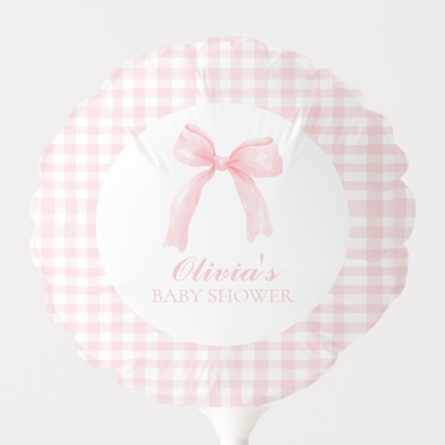 Pink bow and gingham preppy baby shower balloon (Front)