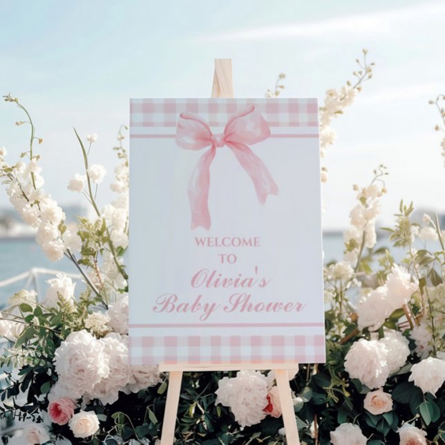 Pink bow and gingham preppy baby shower foam board (Creator Uploaded)