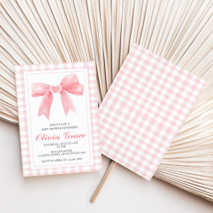 Pink bow and gingham preppy baby shower invitation
