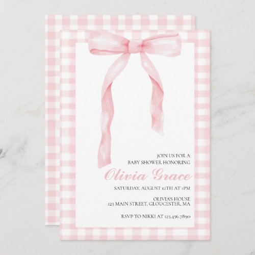 Pink bow and gingham preppy baby shower invitation
