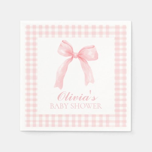 Pink bow and gingham preppy baby shower napkins