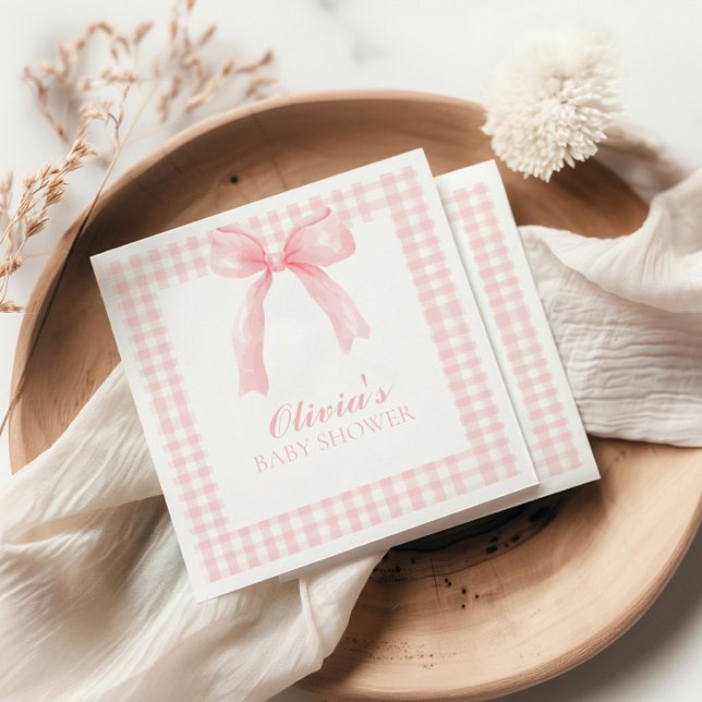 Pink bow and gingham preppy baby shower napkins (Creator Uploaded)
