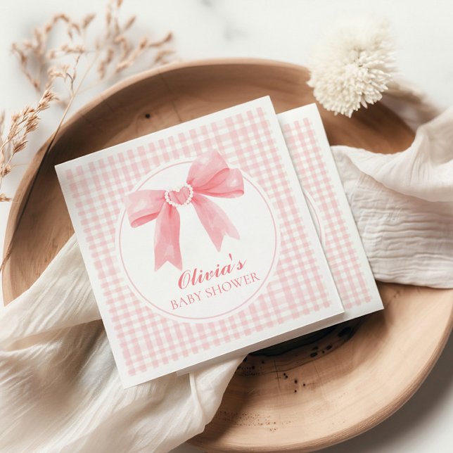 Pink bow and gingham preppy baby shower napkins (Creator Uploaded)