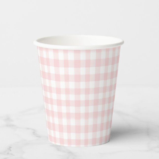 Pink bow and gingham preppy baby shower paper cups (Front)