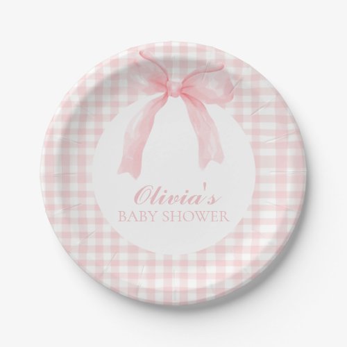 Pink bow and gingham preppy baby shower paper plates