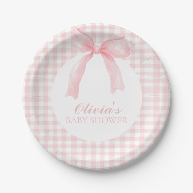 Pink bow and gingham preppy baby shower paper plates (Front)