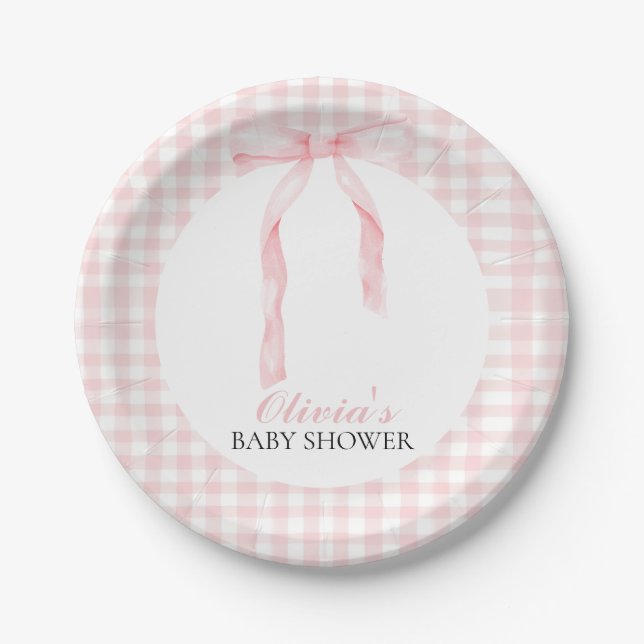 Pink bow and gingham preppy baby shower paper plates (Front)