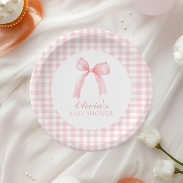 Pink bow and gingham preppy baby shower paper plates (Creator Uploaded)