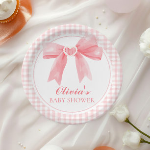 Pink bow and gingham preppy baby shower paper plates