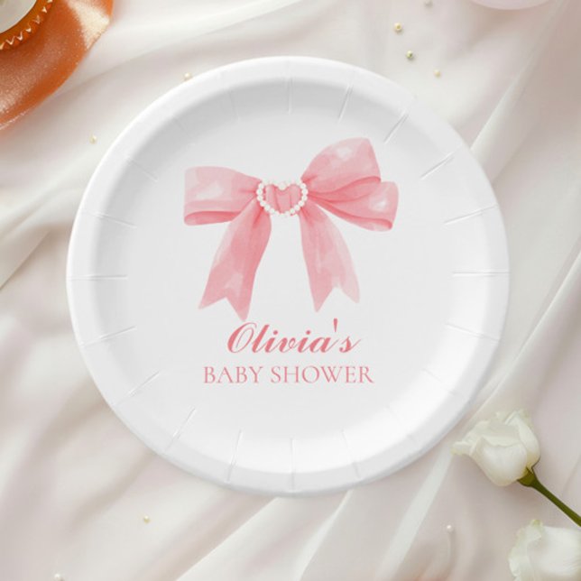 Pink bow and gingham preppy baby shower paper plates (Creator Uploaded)