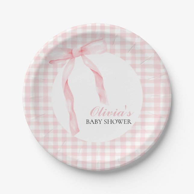 Pink bow and gingham preppy baby shower paper plates (Front)