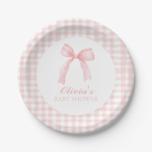 Pink bow and gingham preppy baby shower paper plates