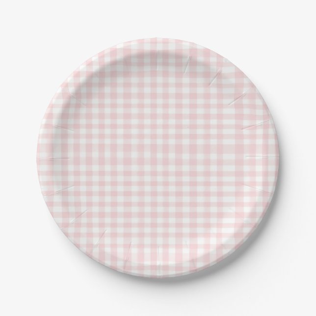 Pink bow and gingham preppy baby shower paper plates (Front)