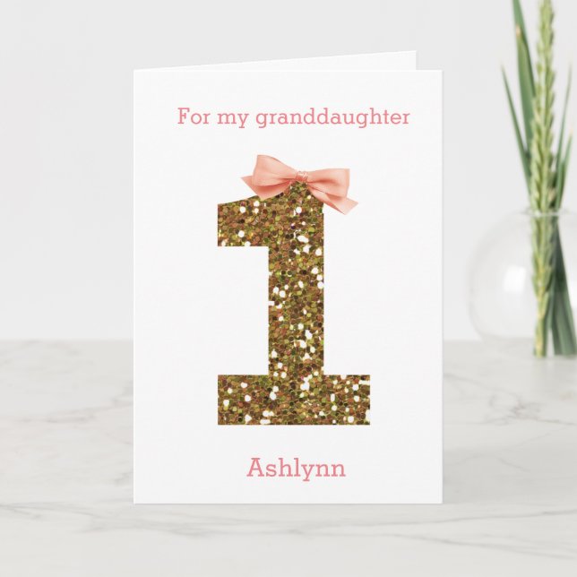 Pink Bow and Gold Glitter 1st Birthday Card (Front)