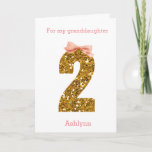 Pink Bow and Gold Glitter 2nd Birthday Card<br><div class="desc">A pretty 2nd birthday card featuring a gold glitter number two with a pink bow. Please note there is not actual glitter, but a glitter design effect. You will be able to easily personalize the front with the recipient and the birthday girl's name in a soft pink color. There is...</div>