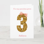 Pink Bow and Gold Glitter 3rd Birthday Card<br><div class="desc">A modern 3rd birthday card featuring a gold glitter number three with a pink bow. Please note there is not actual glitter, but a glitter design effect. You will be able to easily personalize the front with the recipient and the birthday girl's name in a soft pink color. There is...</div>