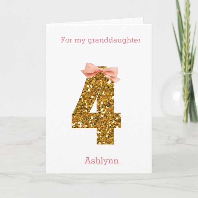 Pink Bow and Gold Glitter 4th Birthday Card (Front)
