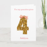 Pink Bow and Gold Glitter 4th Birthday Card<br><div class="desc">A pretty 4th birthday card featuring a gold glitter number four with a pink bow. Please note there is not actual glitter, but a glitter design effect. You will be able to easily personalize the front with the recipient and the birthday girl's name in a soft pink color. There is...</div>