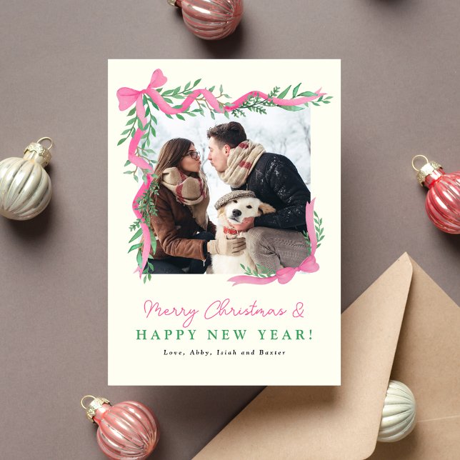 Pink Bow and Greenery Holiday Photo Card (Creator Uploaded)