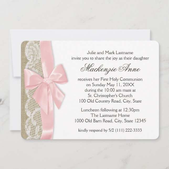 Pink Bow and Lace First Communion Invitation (Front)
