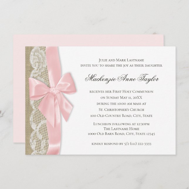 Pink Bow and Lace First Communion Invitation (Front/Back)