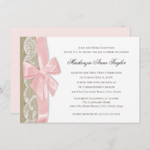 Pink Bow and Lace First Communion Invitation
