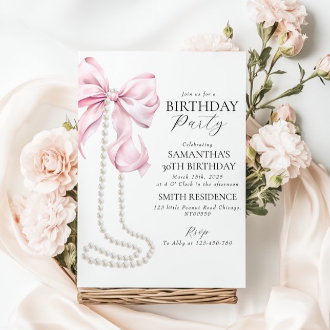 Pink Bow and Pearls 30th Birthday Party Invitation (Creator Uploaded)
