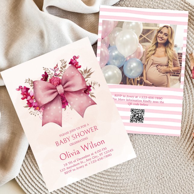 Pink Bow and pretty floral Baby Shower invitation (Creator Uploaded)