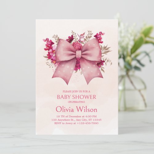 Pink Bow and pretty floral Baby Shower invitation