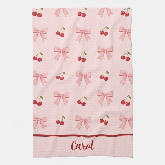 Pink Bow and Red Cherry Coquette Aesthetic Kitchen Towel (Vertical)