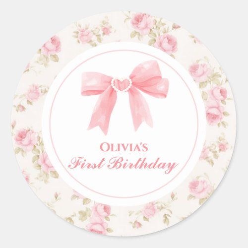 Pink Bow and Roses Coquette 1st birthday Classic Round Sticker