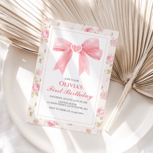 Pink Bow and Roses Coquette 1st birthday Invitation