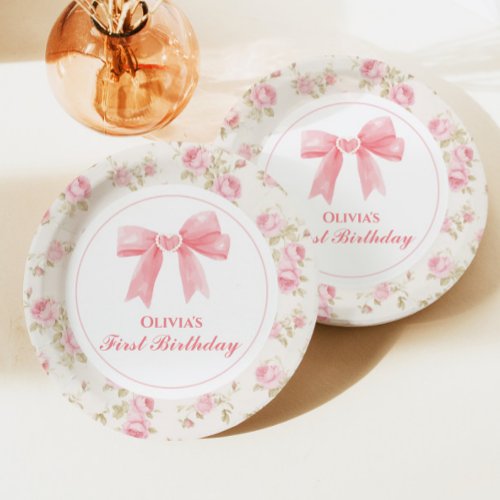 Pink Bow and Roses Coquette 1st birthday Paper Plates